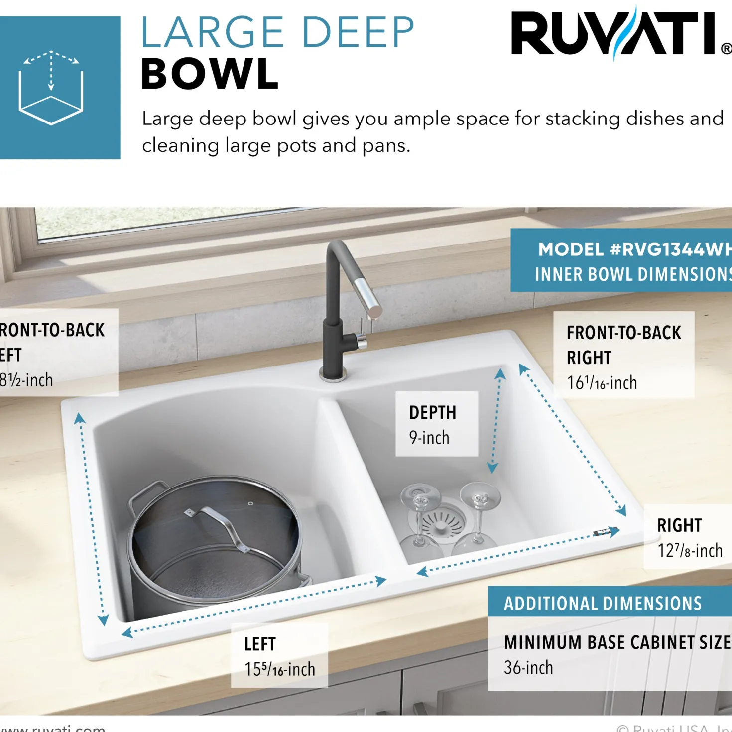 Ruvati 33 x 22" epiGranite Dual-Mount Double Bowl Granite Composite Kitchen Sink