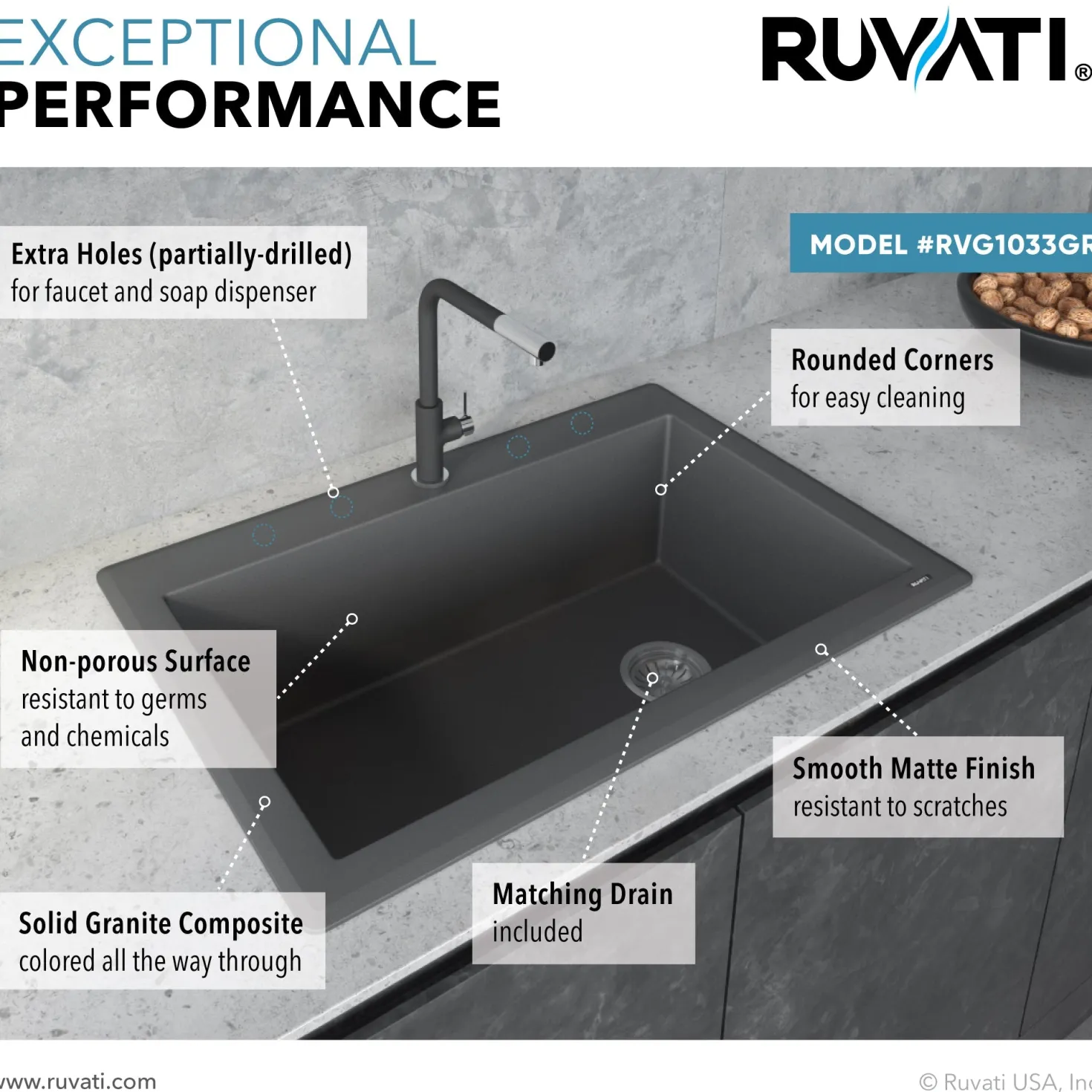 Ruvati 33 x 22" epiGranite Top Mount Granite Composite Single Bowl Kitchen Sink