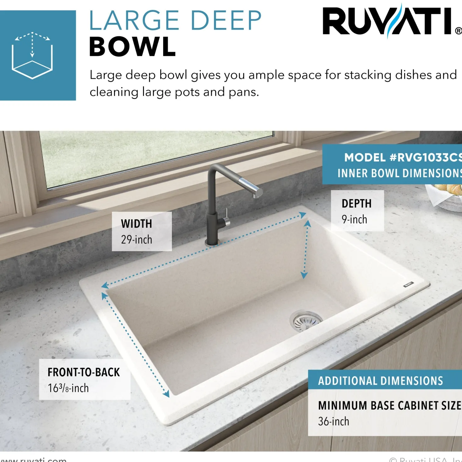 Ruvati 33 x 22" epiGranite Top Mount Granite Composite Single Bowl Kitchen Sink