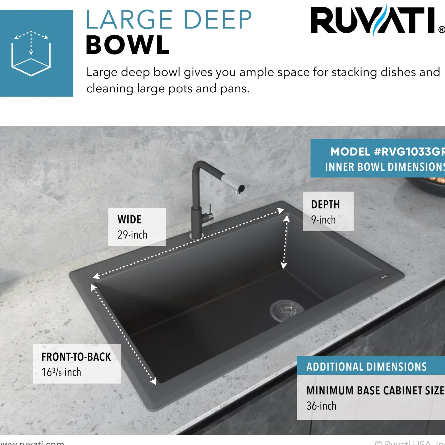 Ruvati 33 x 22" epiGranite Top Mount Granite Composite Single Bowl Kitchen Sink