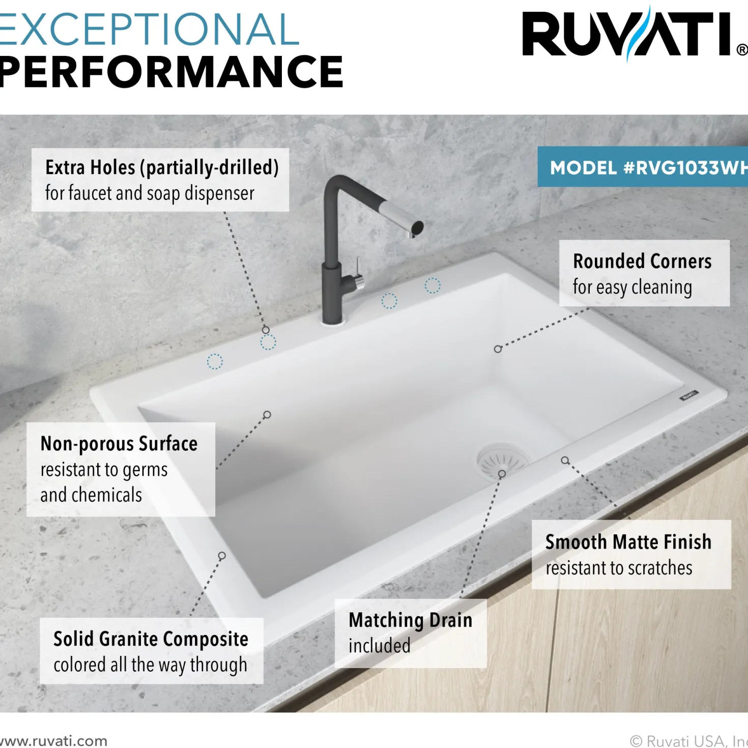 Ruvati 33 x 22" epiGranite Top Mount Granite Composite Single Bowl Kitchen Sink