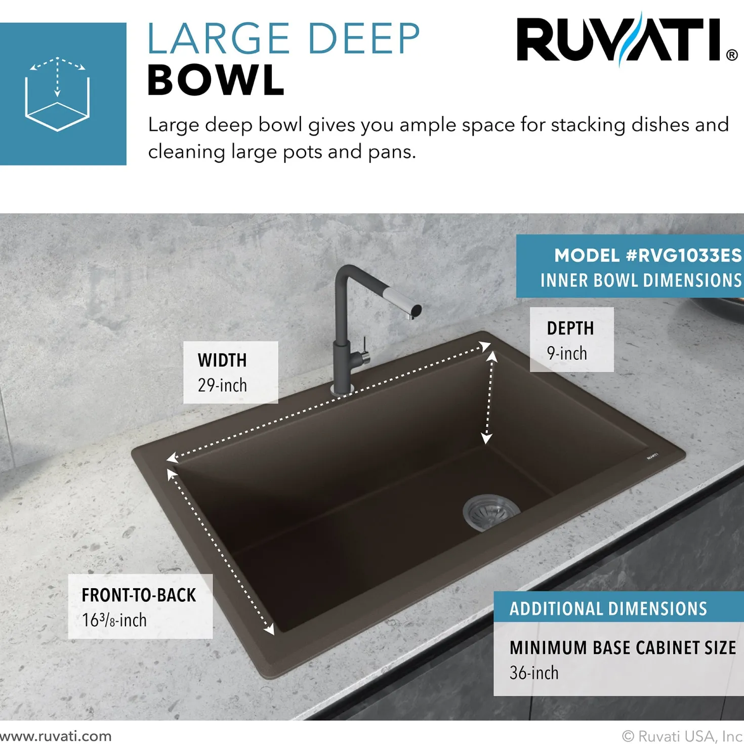 Ruvati 33 x 22" epiGranite Top Mount Granite Composite Single Bowl Kitchen Sink