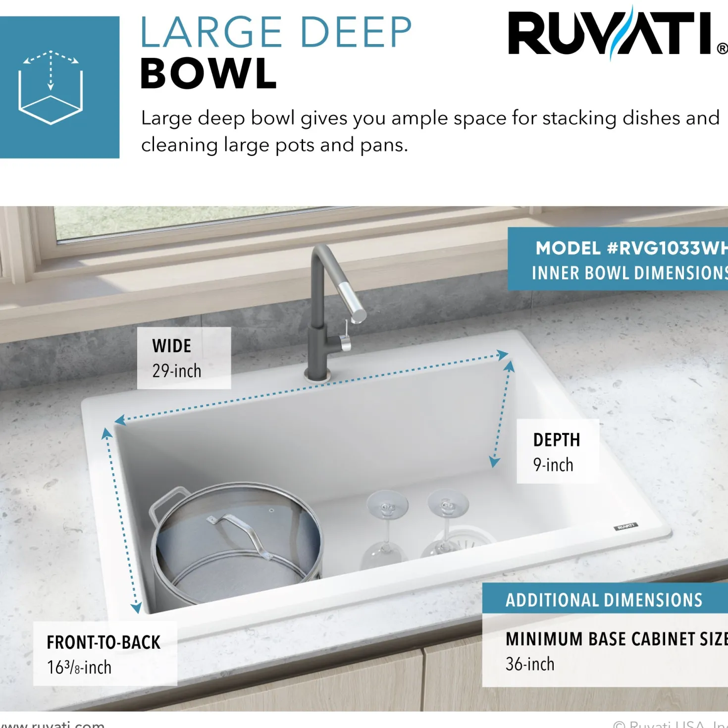 Ruvati 33 x 22" epiGranite Top Mount Granite Composite Single Bowl Kitchen Sink