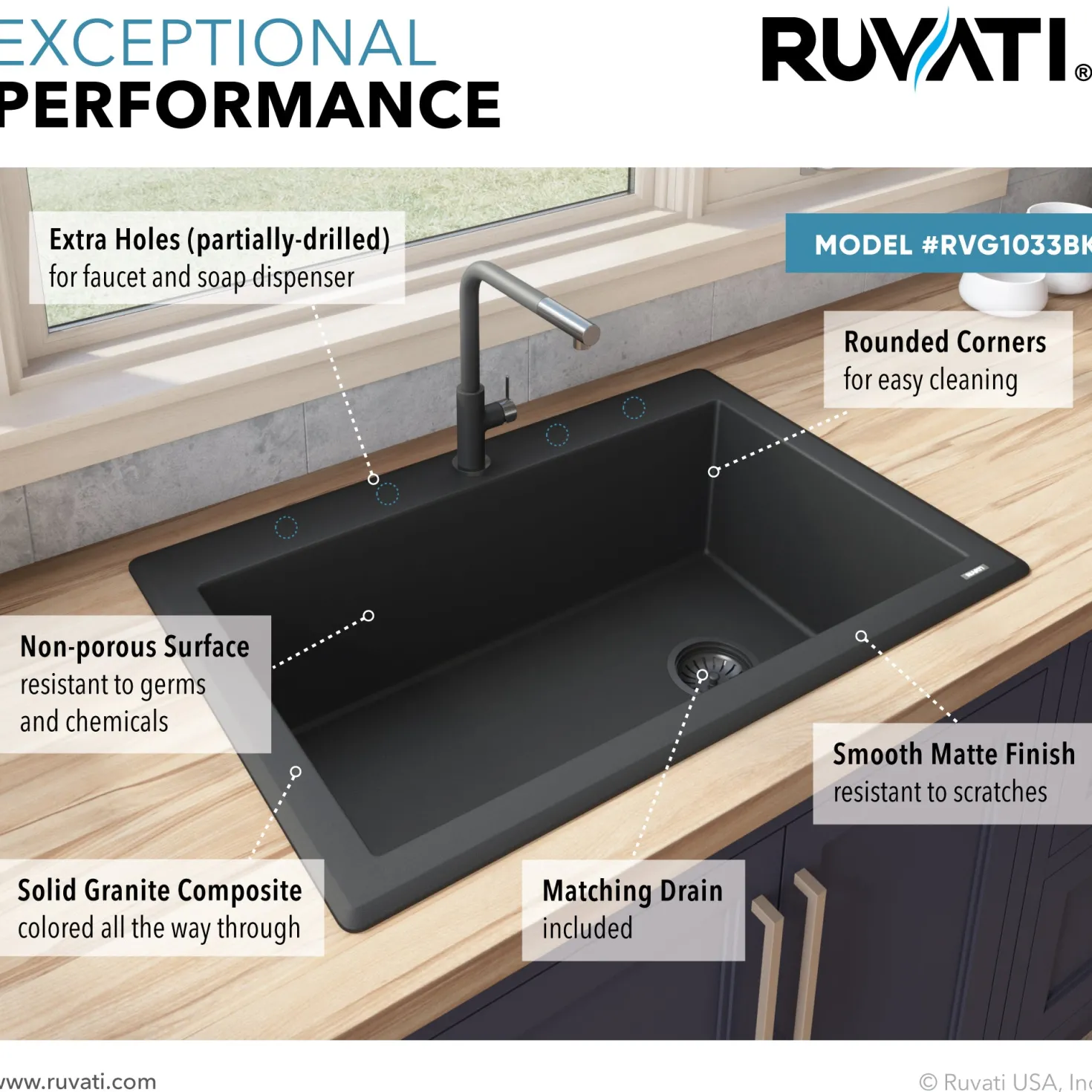 Ruvati 33 x 22" epiGranite Top Mount Granite Composite Single Bowl Kitchen Sink