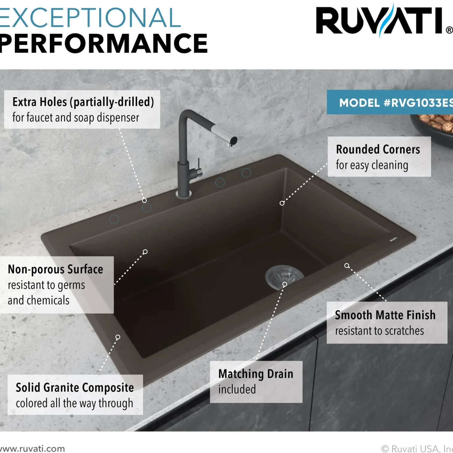 Ruvati 33 x 22" epiGranite Top Mount Granite Composite Single Bowl Kitchen Sink