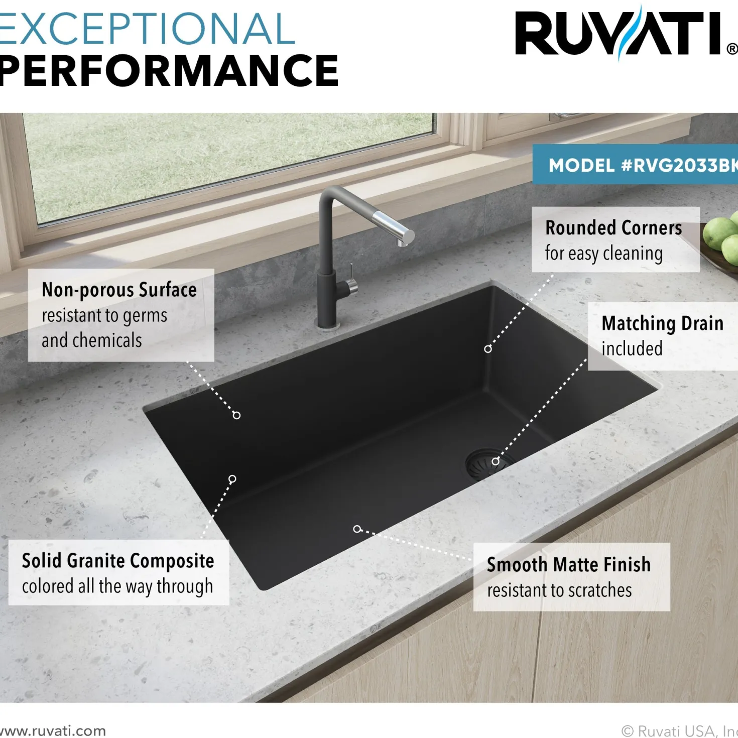 Ruvati 31 x 19" epiGranite Undermount Granite Composite Single Bowl Kitchen Sink