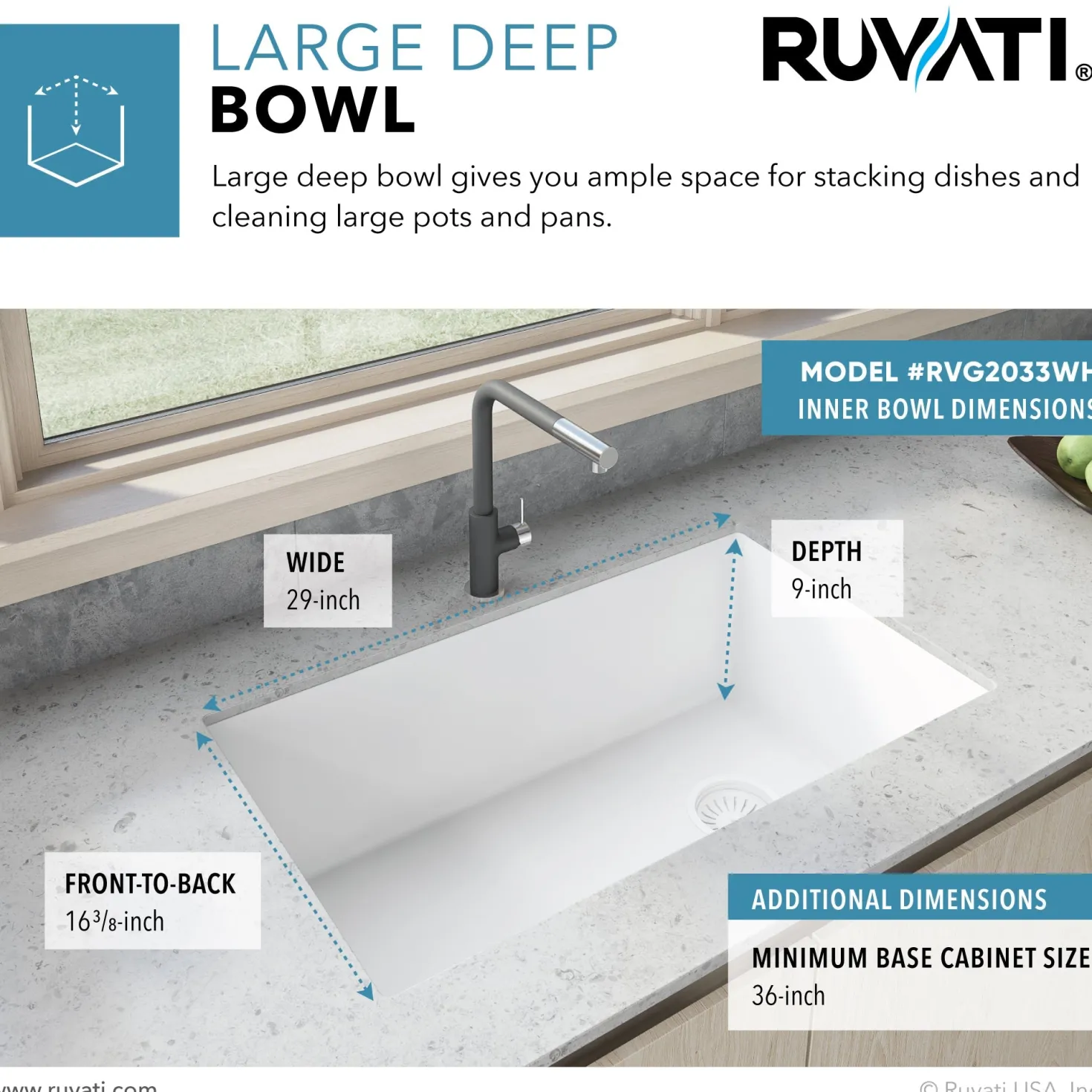 Ruvati 31 x 19" epiGranite Undermount Granite Composite Single Bowl Kitchen Sink
