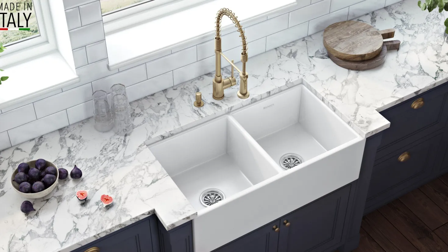 Ruvati 33 x 18" Fireclay Farmhouse Apron-Front Double Bowl Kitchen Sink in White