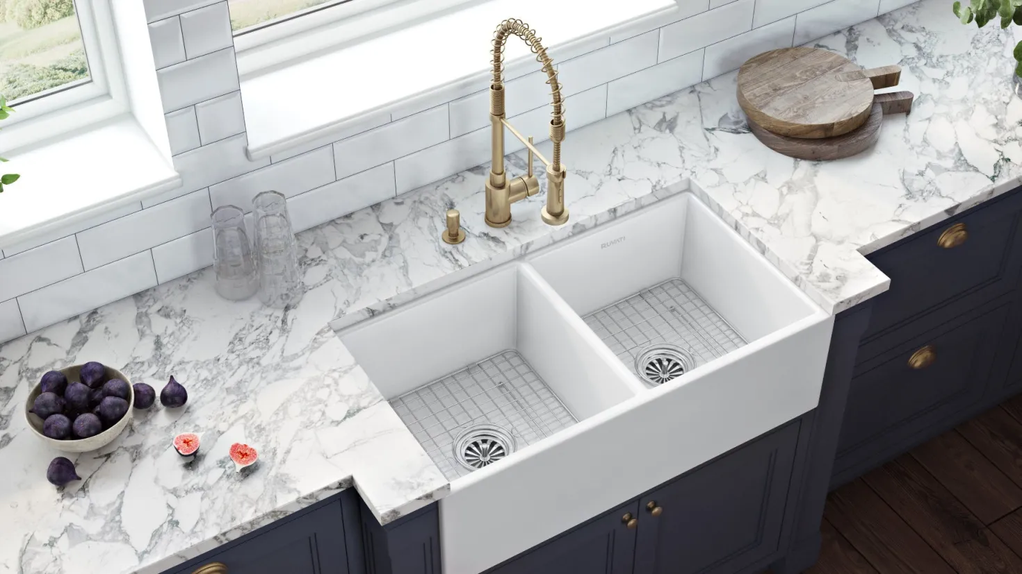 Ruvati 33 x 18" Fireclay Farmhouse Apron-Front Double Bowl Kitchen Sink in White