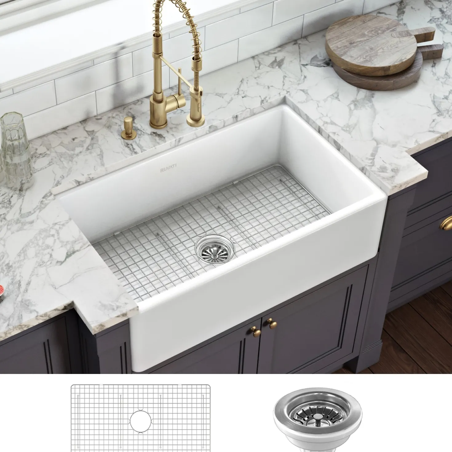 Ruvati 30 x 20" Fireclay Reversible Farmhouse Apron-Front Kitchen Sink Single Bowl