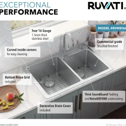 Ruvati 33" x 22" Topmount 60/40 Double Bowl 16 Gauge Stainless Steel Kitchen Sink