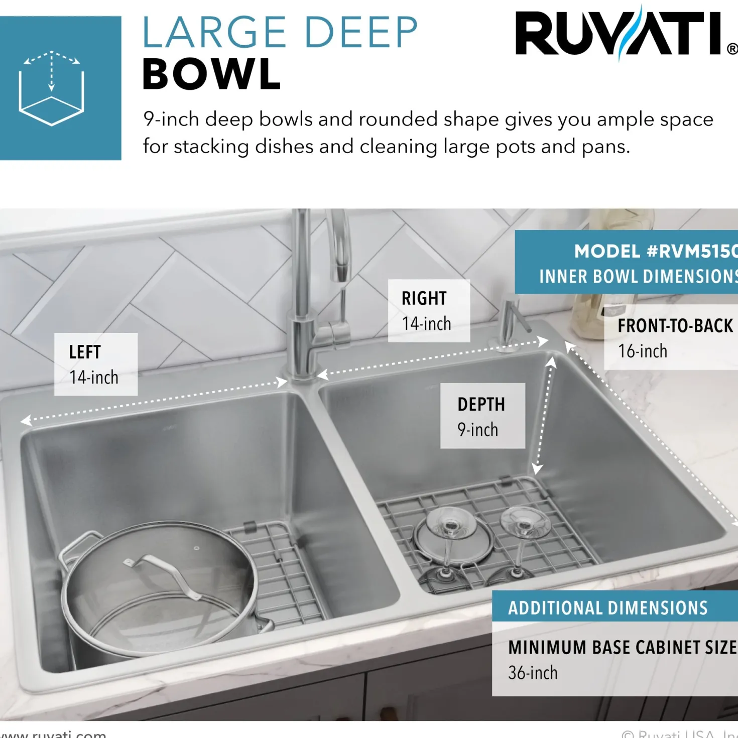 Ruvati 33" x 22" Topmount 50/50 Double Bowl 16 Gauge Stainless Steel Kitchen Sink