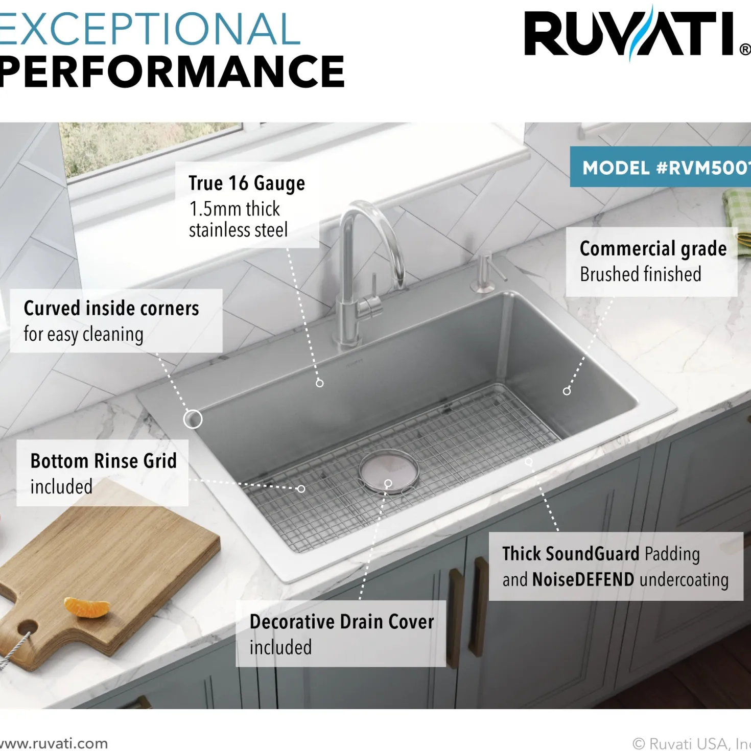 Ruvati 33" x 22" Topmount 16 Gauge Stainless Steel Kitchen Sink