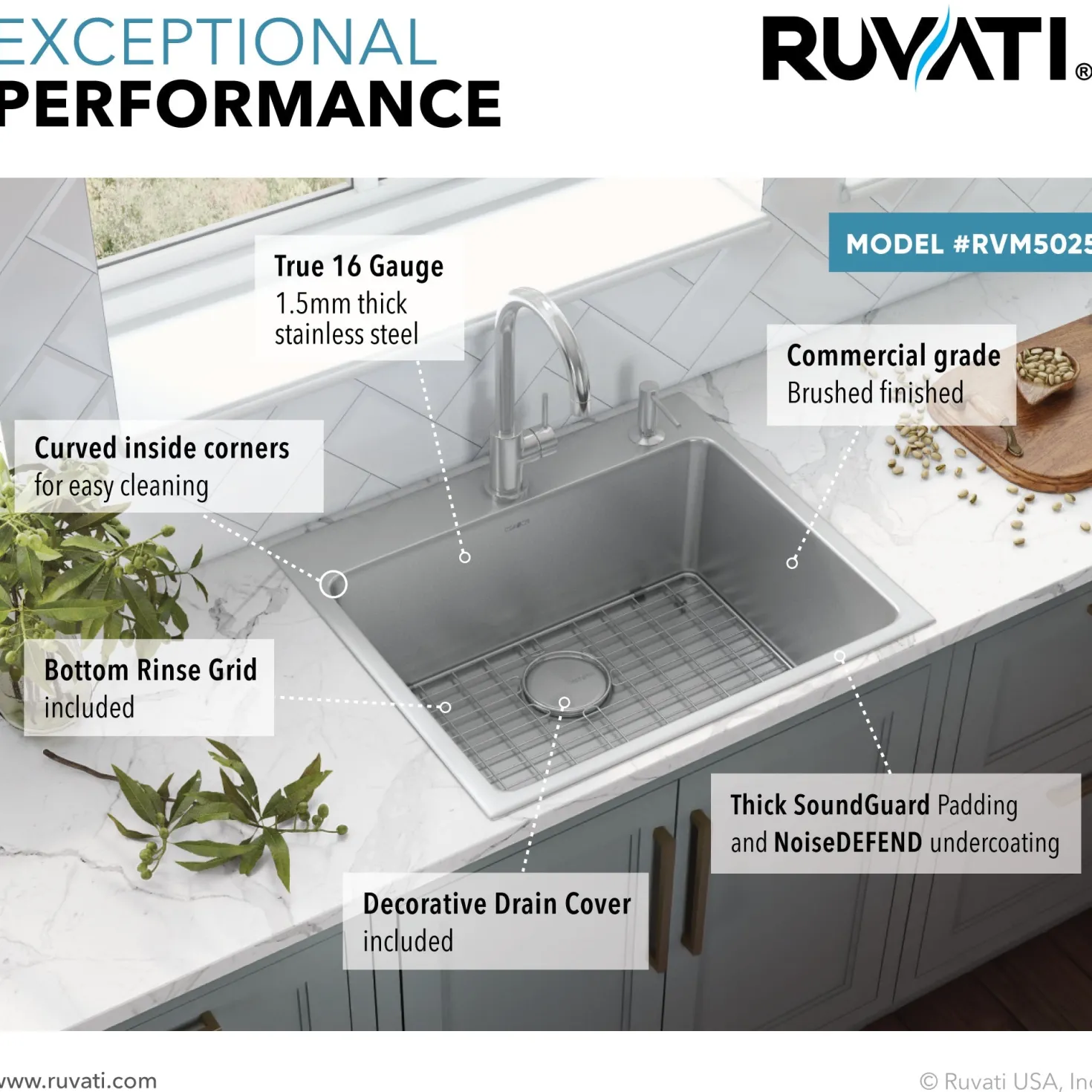 Ruvati 25" x 22" Topmount 16 Gauge Stainless Steel Kitchen Sink