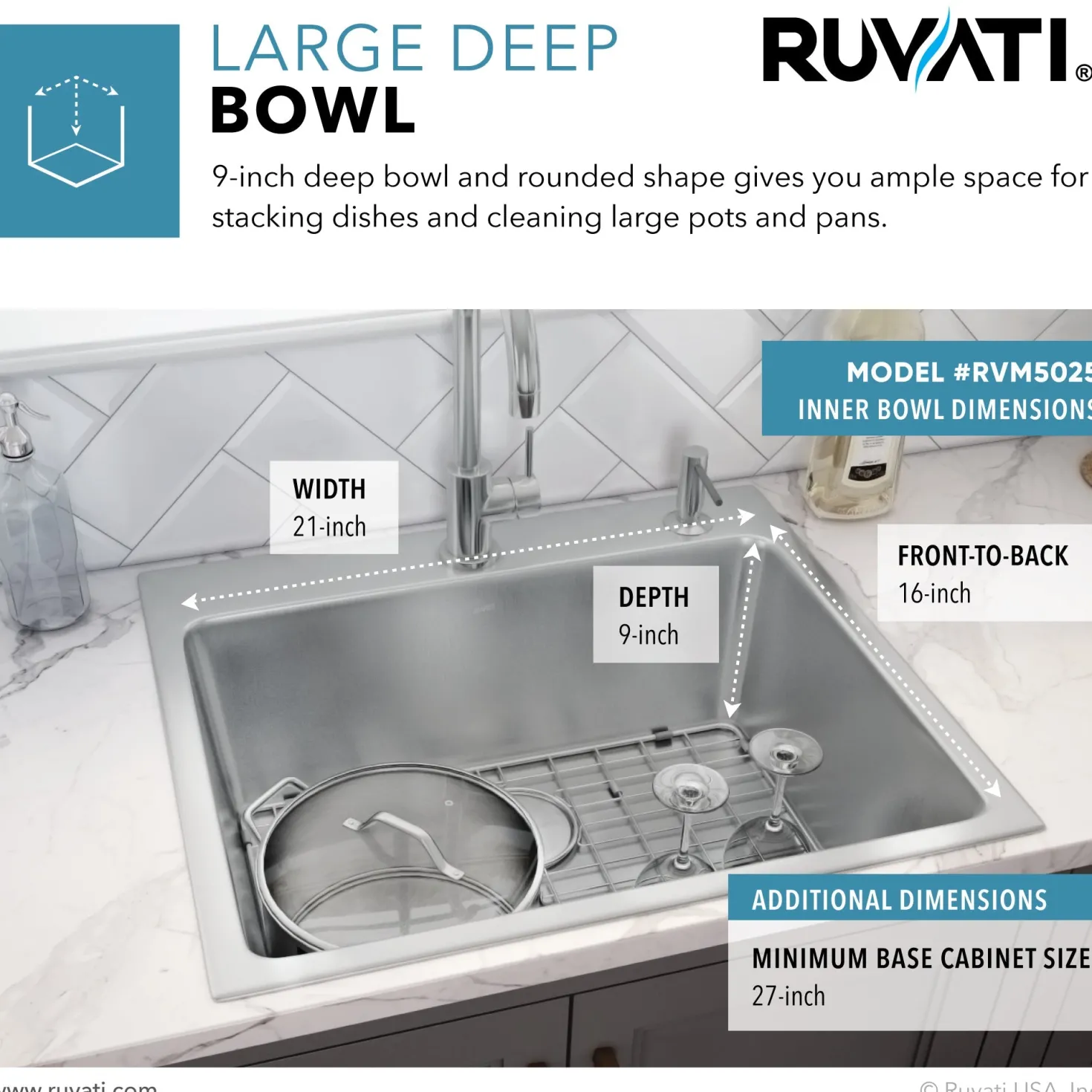 Ruvati 25" x 22" Topmount 16 Gauge Stainless Steel Kitchen Sink