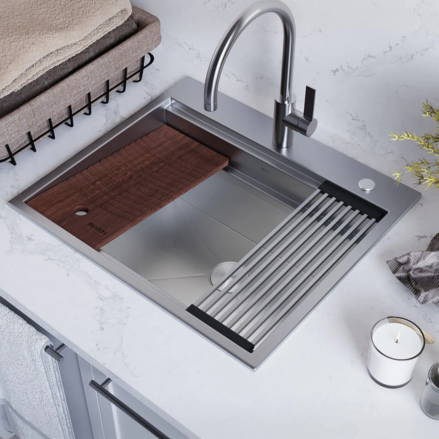 Ruvati 25" x 22" Topmount Laundry Workstation Sink 12" Deep with Washboard