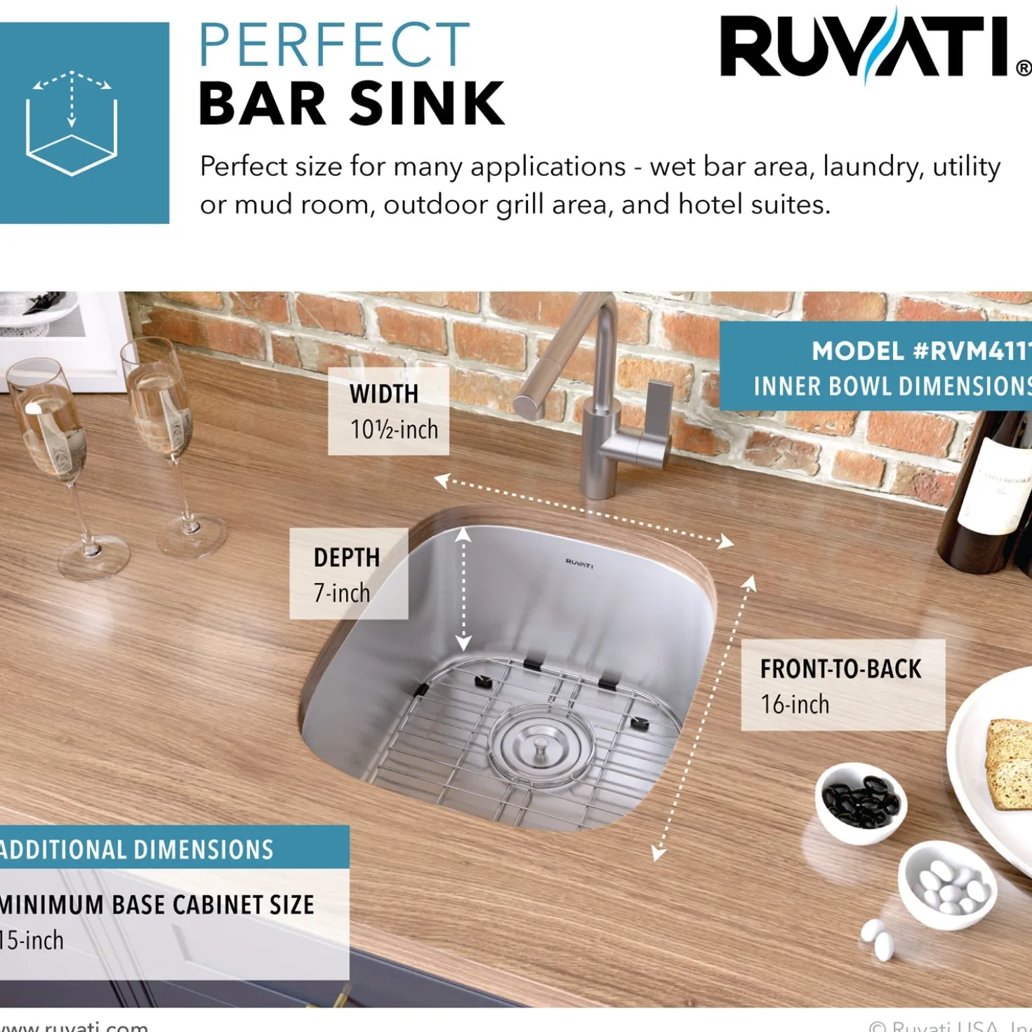 Ruvati 12 x 18" Undermount 16 Gauge Stainless Steel Bar Prep Sink