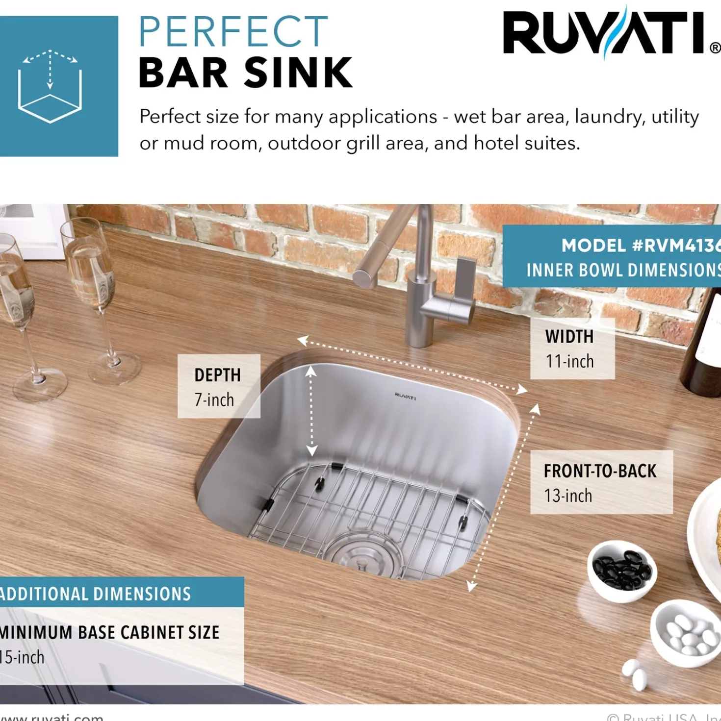 Ruvati 13 x 15" Undermount 16 Gauge Stainless Steel Bar Prep Sink