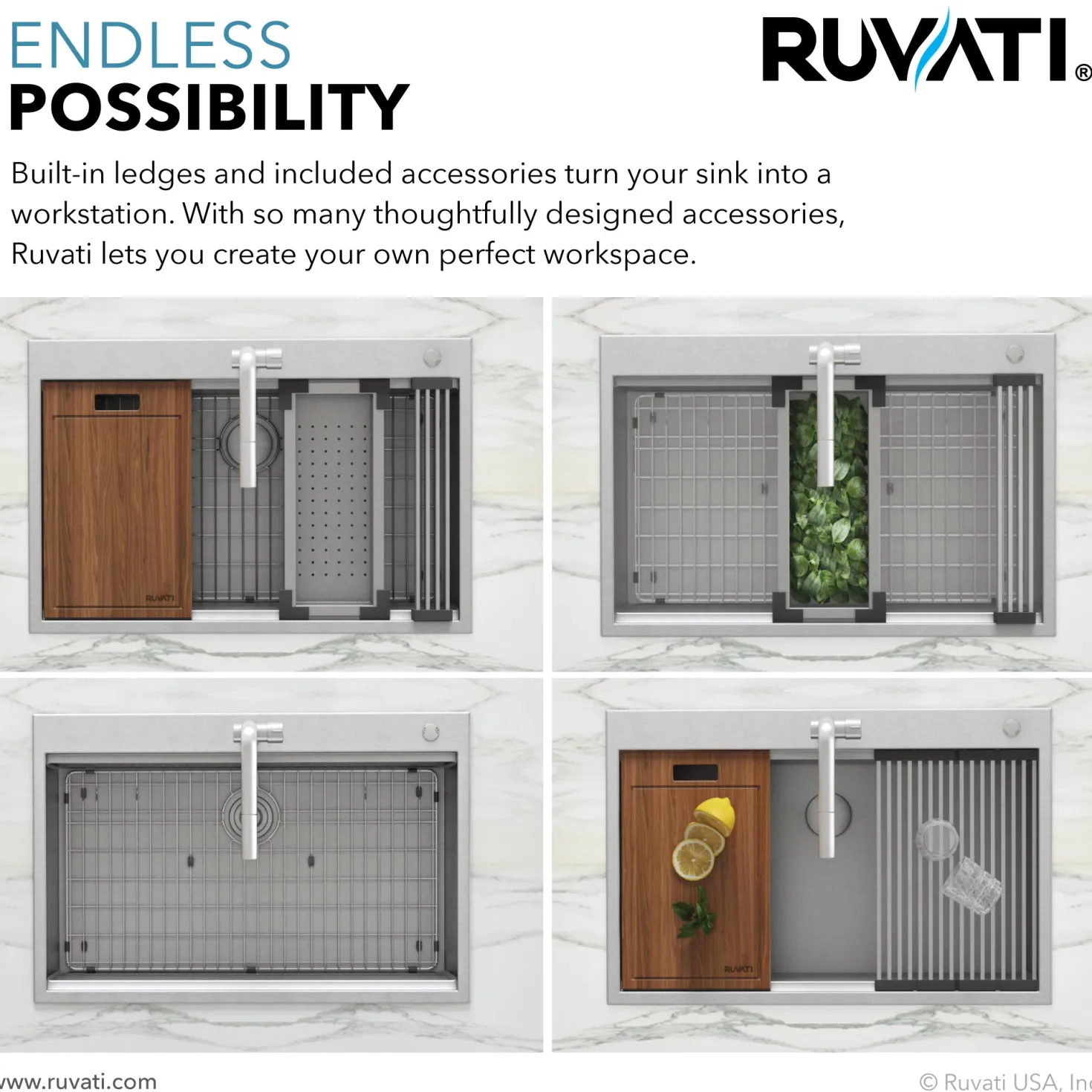 Ruvati 33 x 22" Workstation Drop-in 60/40 Double Bowl Topmount Tight Radius 16 Gauge Stainless Steel Ledge Kitchen Sink