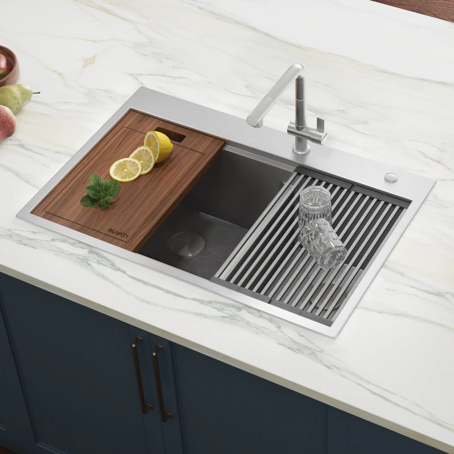 Ruvati 33 x 22" Workstation Drop-in 60/40 Double Bowl Topmount Tight Radius 16 Gauge Stainless Steel Ledge Kitchen Sink