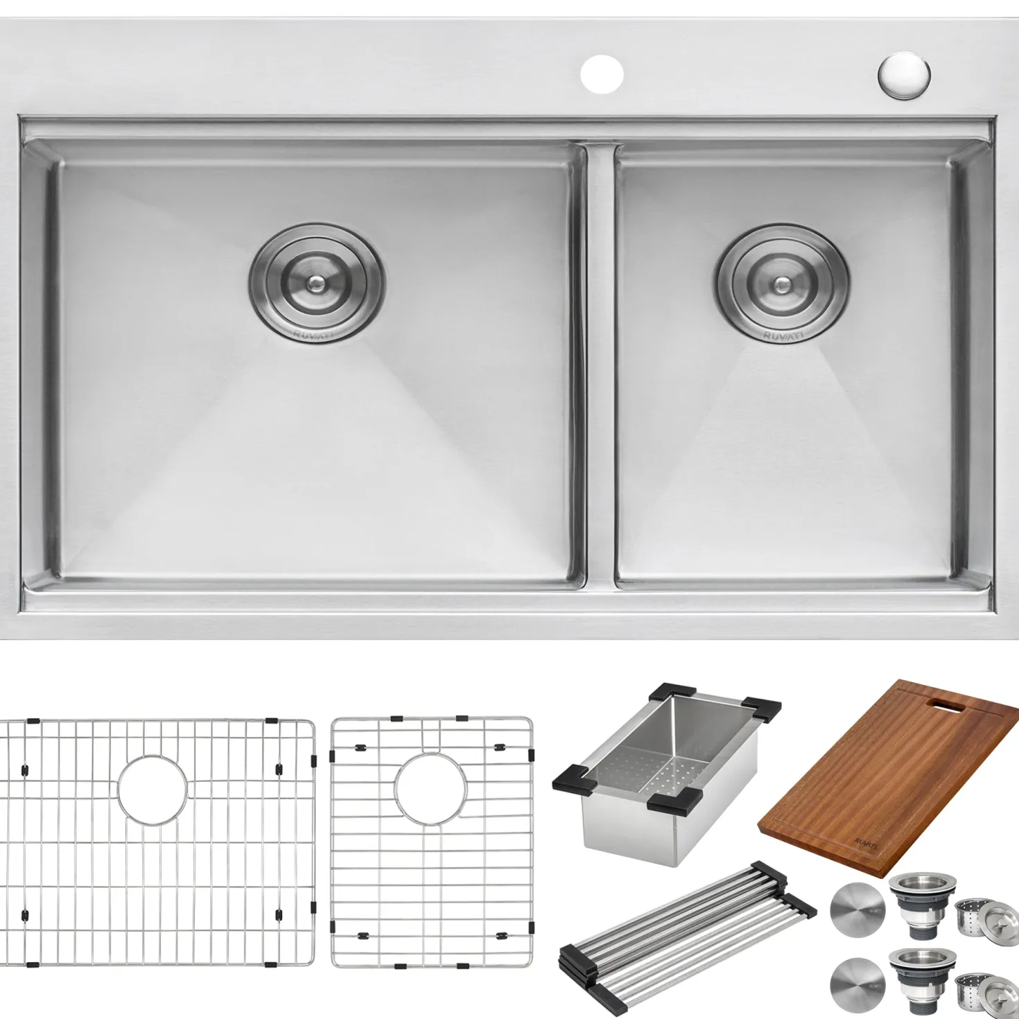 Ruvati 33 x 22" Workstation Drop-in 60/40 Double Bowl Topmount Tight Radius 16 Gauge Stainless Steel Ledge Kitchen Sink