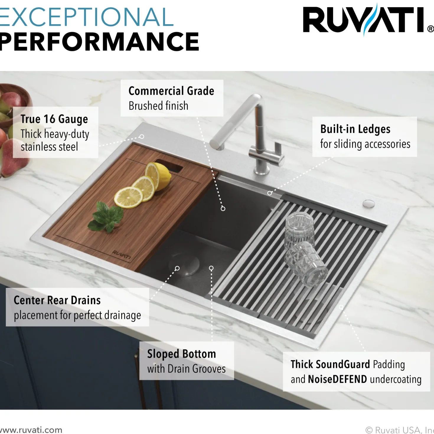 Ruvati 33 x 22" Workstation Drop-in 60/40 Double Bowl Topmount Tight Radius 16 Gauge Stainless Steel Ledge Kitchen Sink