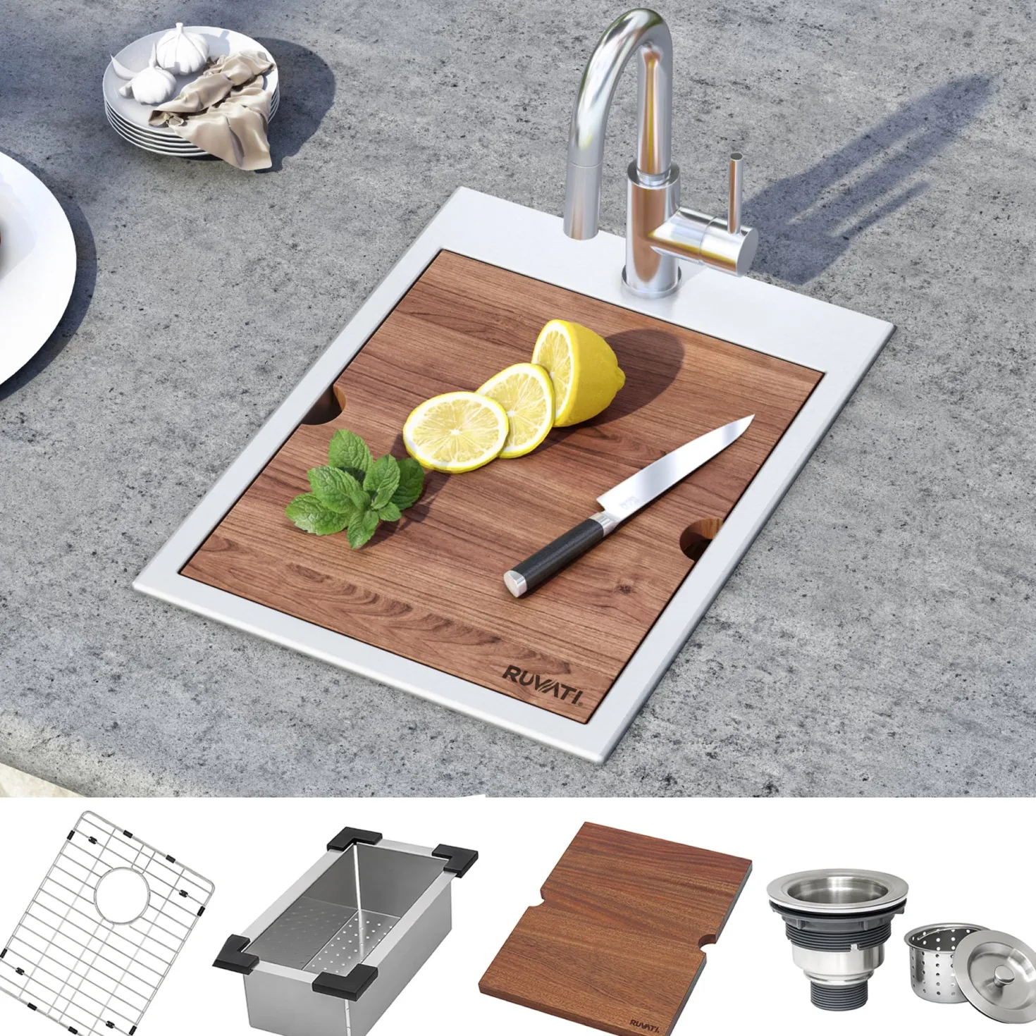 Ruvati 15 x 20" Workstation Drop-in Topmount 16 Gauge Stainless Steel Bar Prep RV Sink