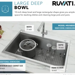 Ruvati 33 x 22" Workstation Ledge Drop-in Tight Radius 16 Gauge Stainless Steel Single Bowl Kitchen Sink