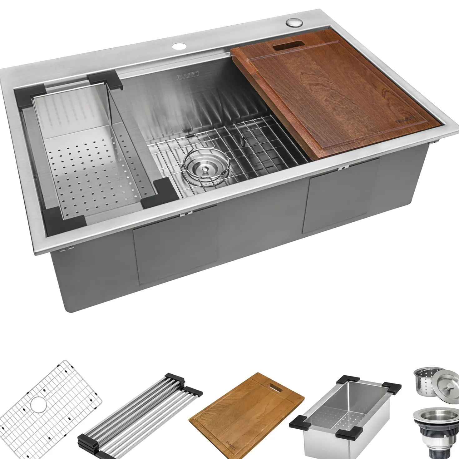 Ruvati 33 x 22" Workstation Ledge Drop-in Tight Radius 16 Gauge Stainless Steel Single Bowl Kitchen Sink
