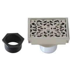 Scroll 4" Brass Square Grid Shower Drain with Flange and Hair Trap