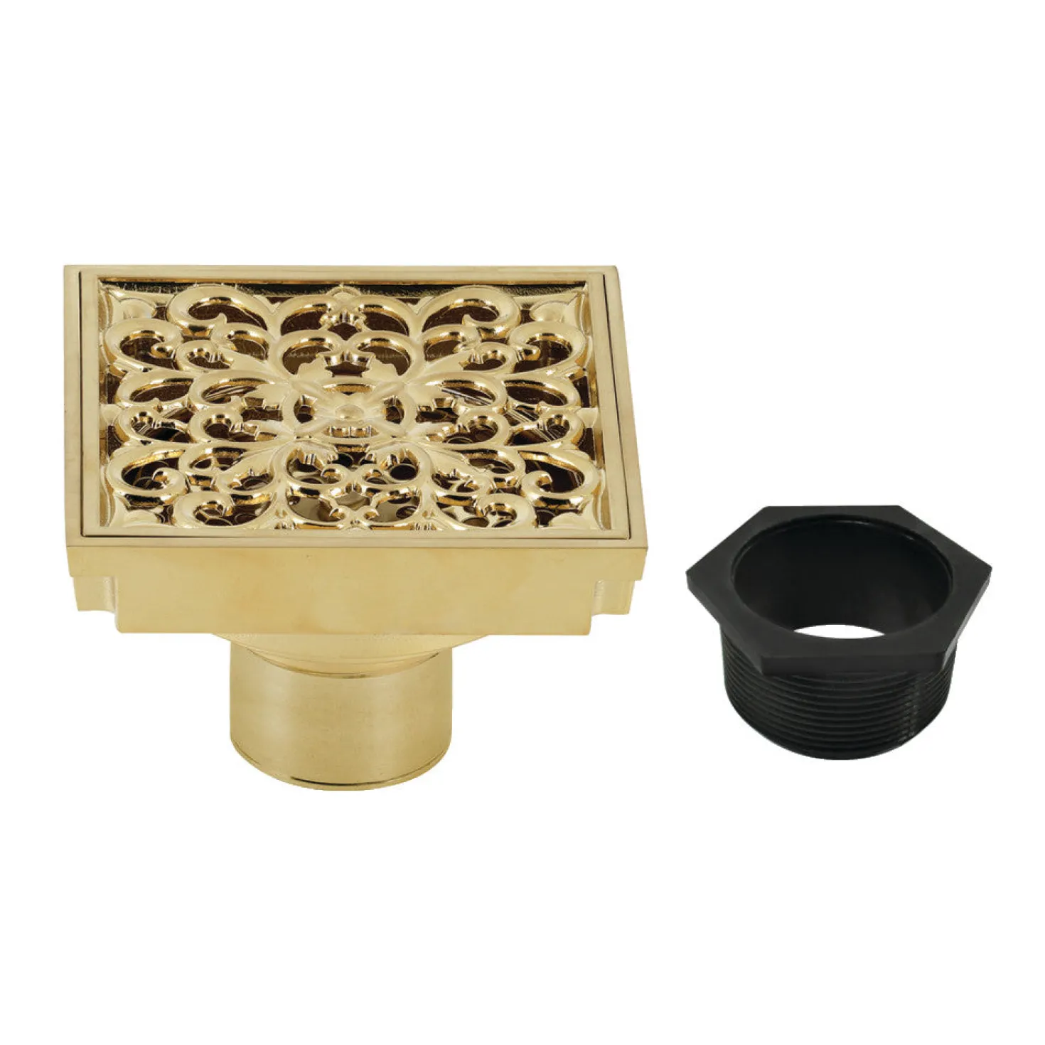 Scroll 4" Brass Square Grid Shower Drain with Flange and Hair Trap