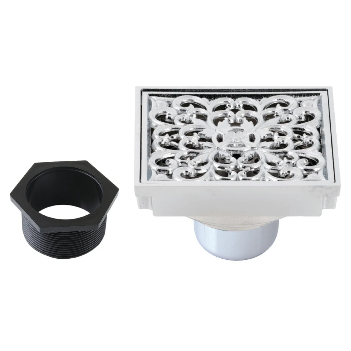 Scroll 4" Brass Square Grid Shower Drain with Flange and Hair Trap