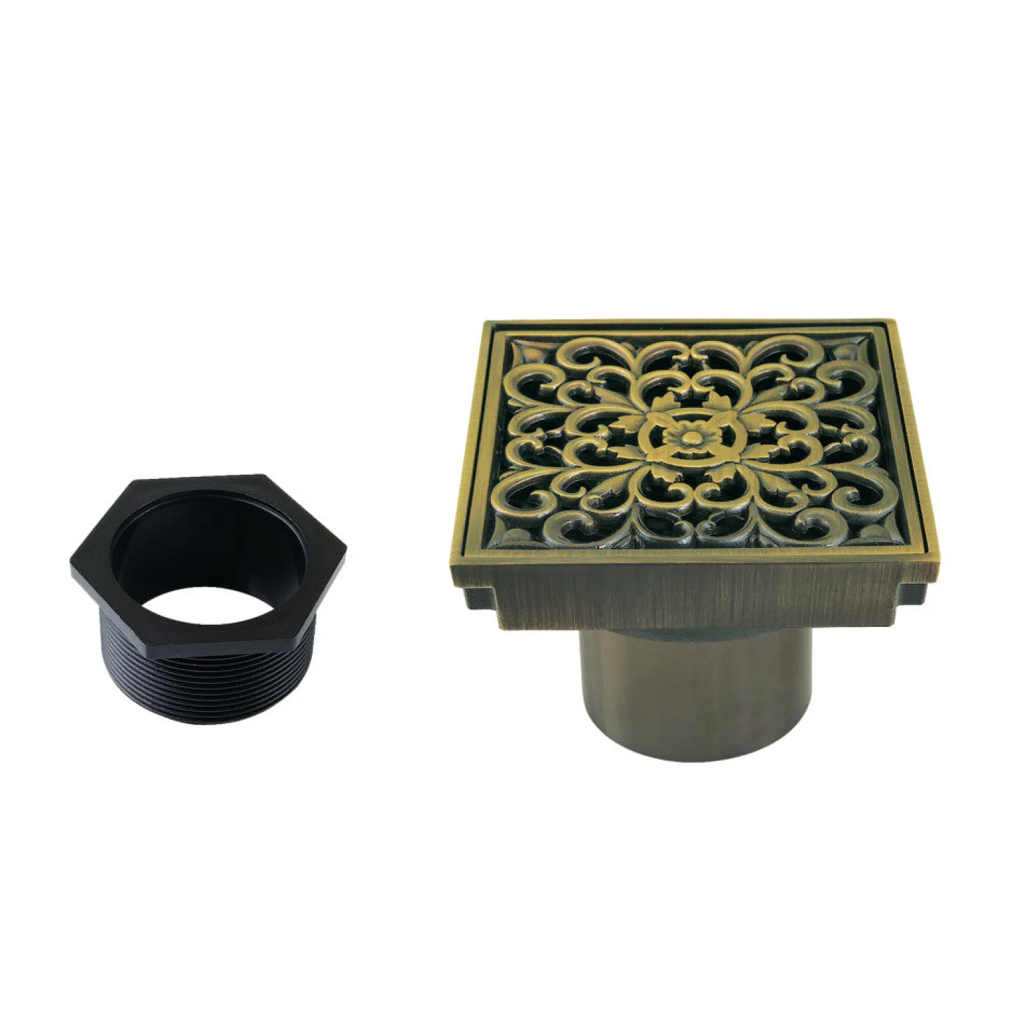 Scroll 4" Brass Square Grid Shower Drain with Flange and Hair Trap