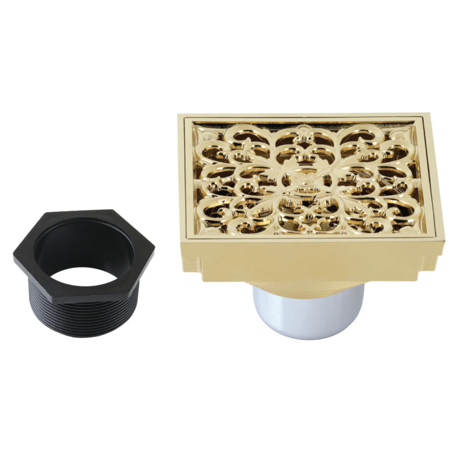 Scroll 4" Brass Square Grid Shower Drain with Flange and Hair Trap
