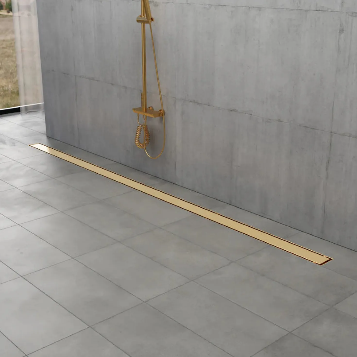 60" Stainless Steel Linear Shower Drain with Tile Insert & Flat Grate in Brushed Brass