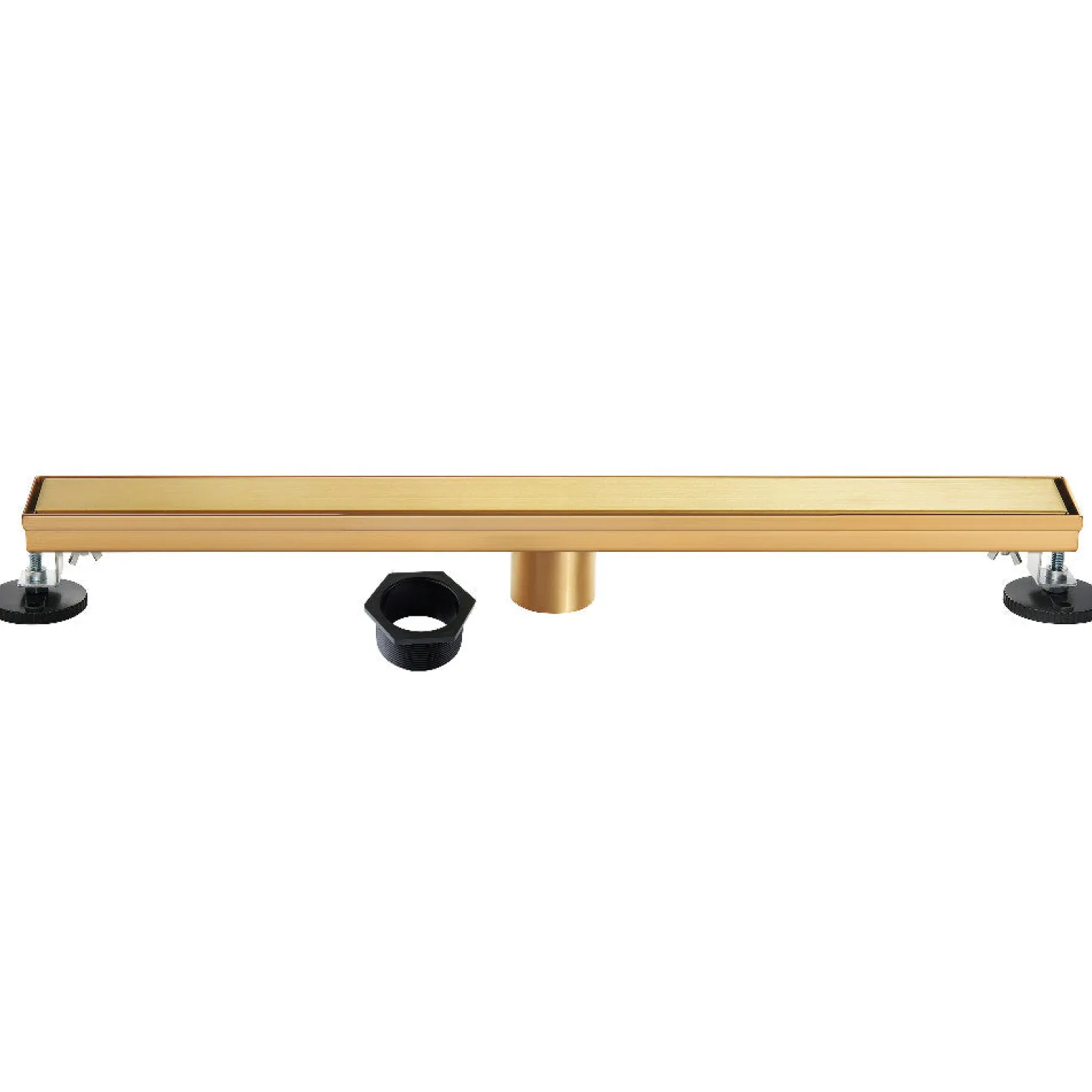 48" Stainless Steel Linear Shower Drain with Tile Insert & Flat Grate in Brushed Brass
