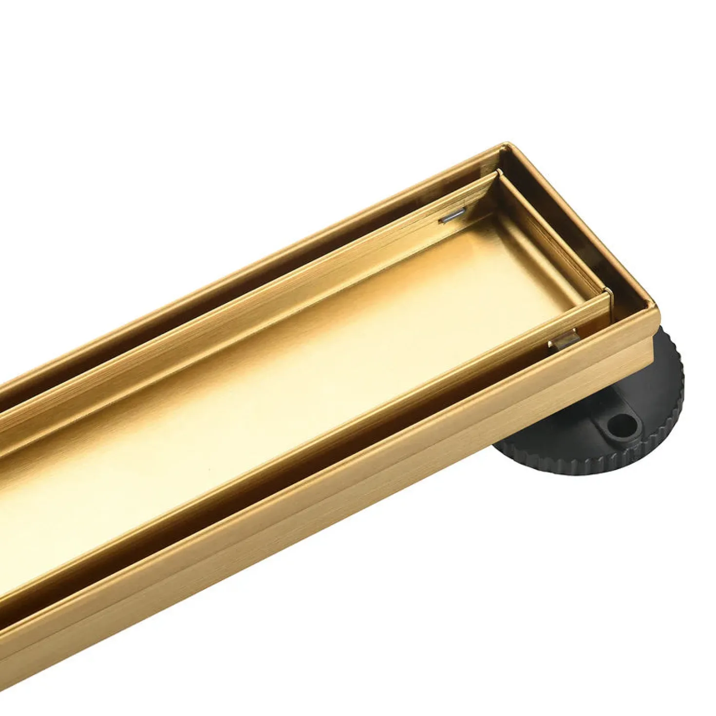 28" Stainless Steel Linear Shower Drain with Tile Insert & Flat Grate in Brushed Brass
