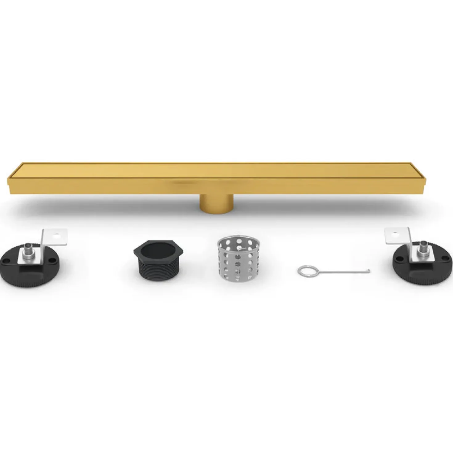 28" Stainless Steel Linear Shower Drain with Tile Insert & Flat Grate in Brushed Brass