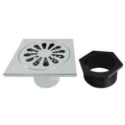 Sunburst 4" Brass Square Grid Shower Drain with Flange and Hair Trap
