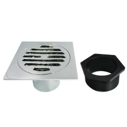 Symmetric 4" Brass Square Grid Shower Drain with Flange and Hair Trap