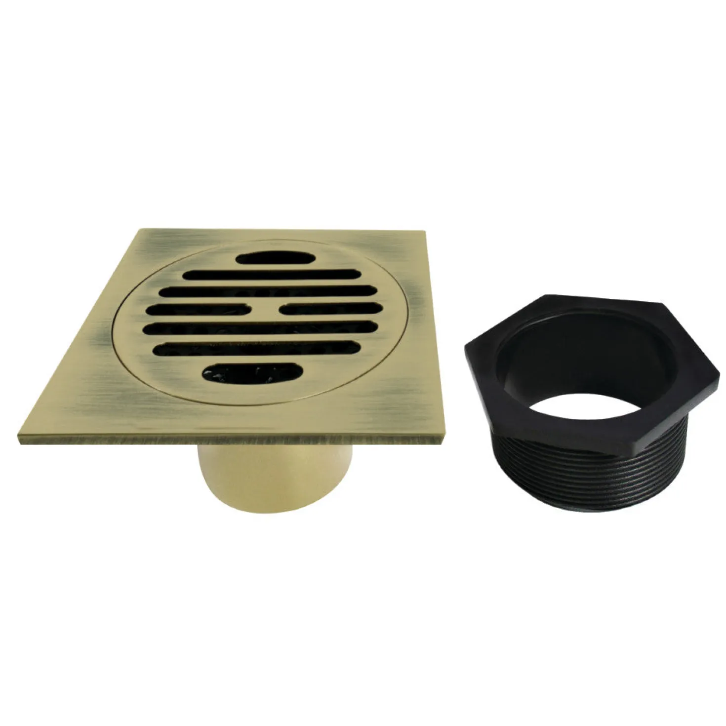 Symmetric 4" Brass Square Grid Shower Drain with Flange and Hair Trap