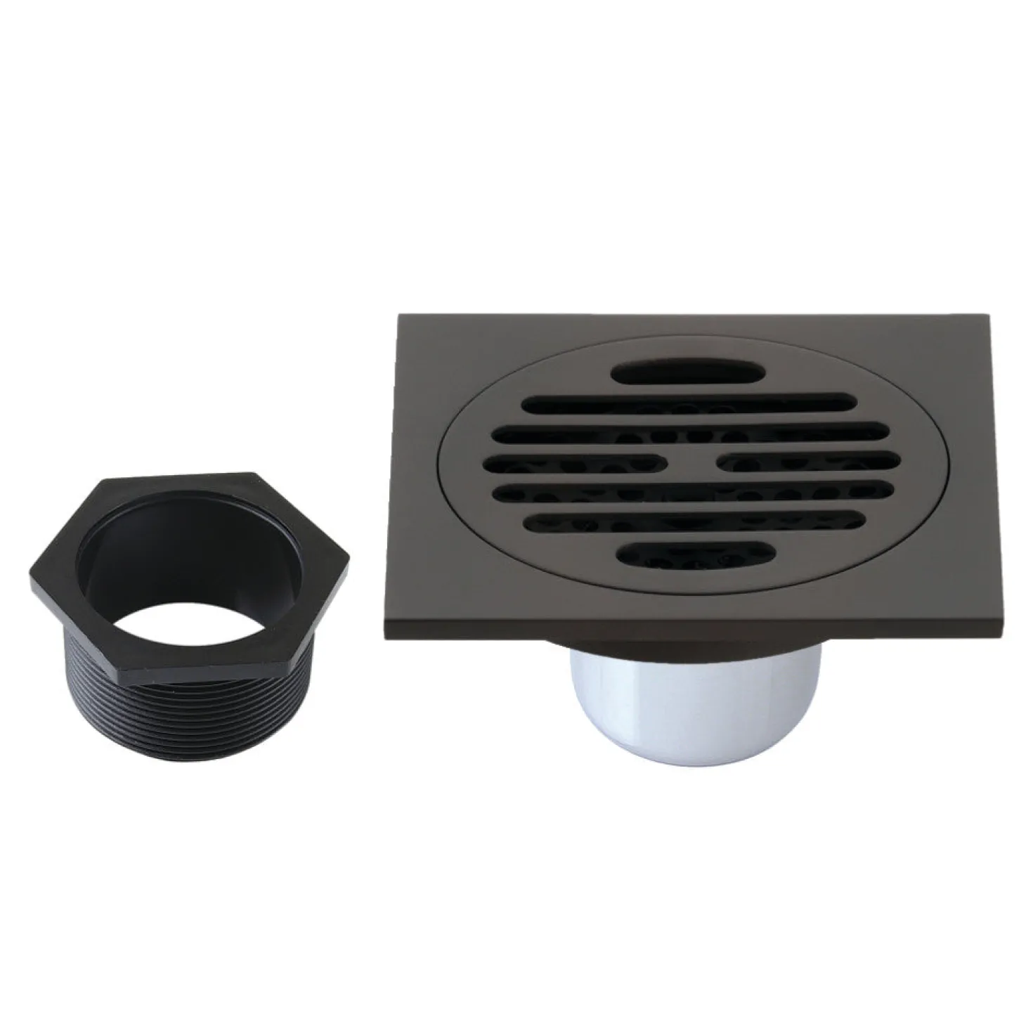 Symmetric 4" Brass Square Grid Shower Drain with Flange and Hair Trap