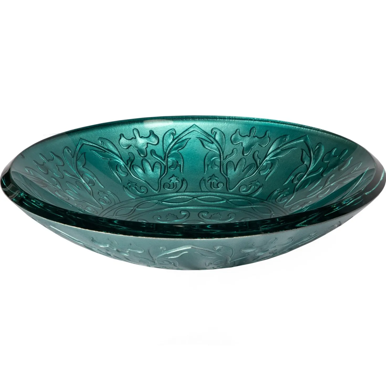 Teal Glass Vessel Sink With Embossed Pattern