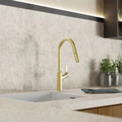 Wasserwerk Kitchen Faucet with Curved Spout in Brushed Gold