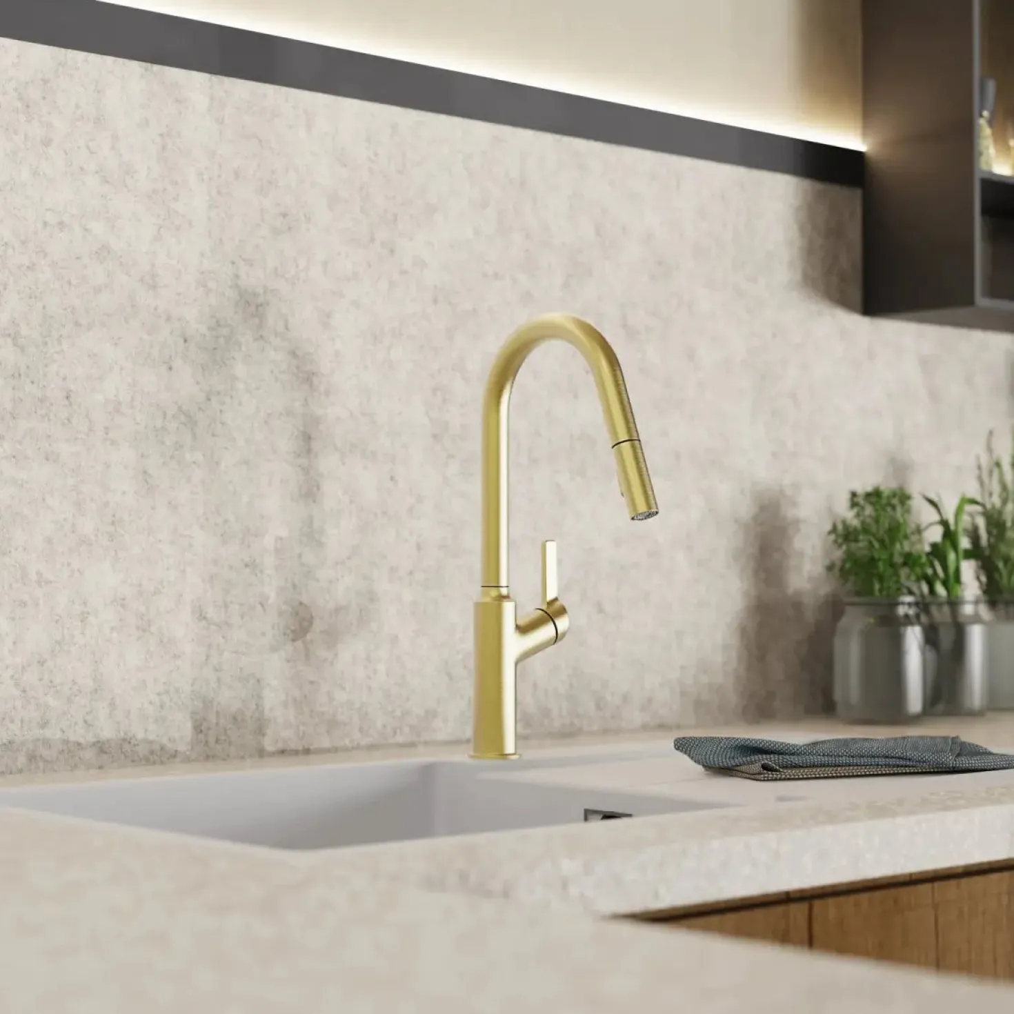 Wasserwerk Kitchen Faucet with Curved Spout in Brushed Gold