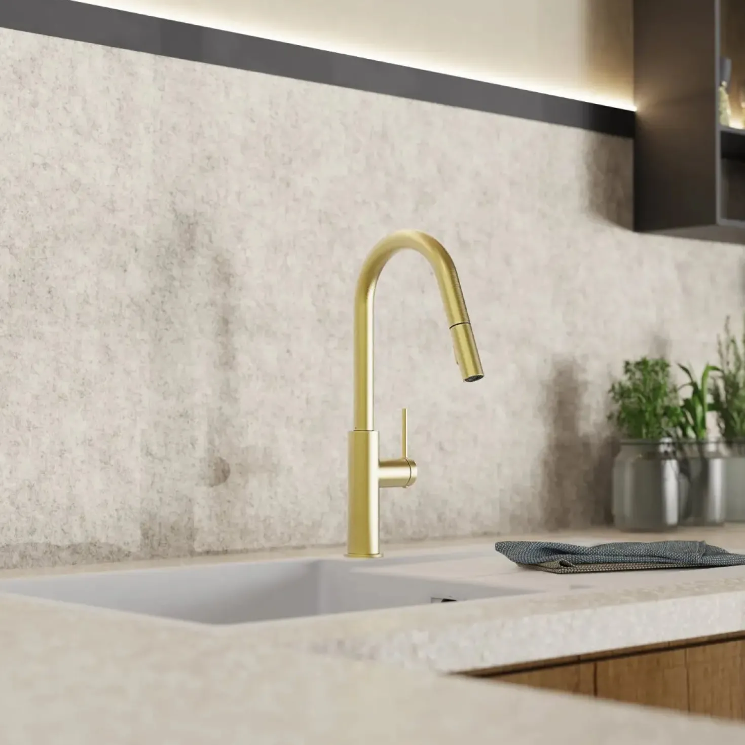 Wasserwerk Kitchen Faucet with Curved Pull-Down Spout in Brushed Gold