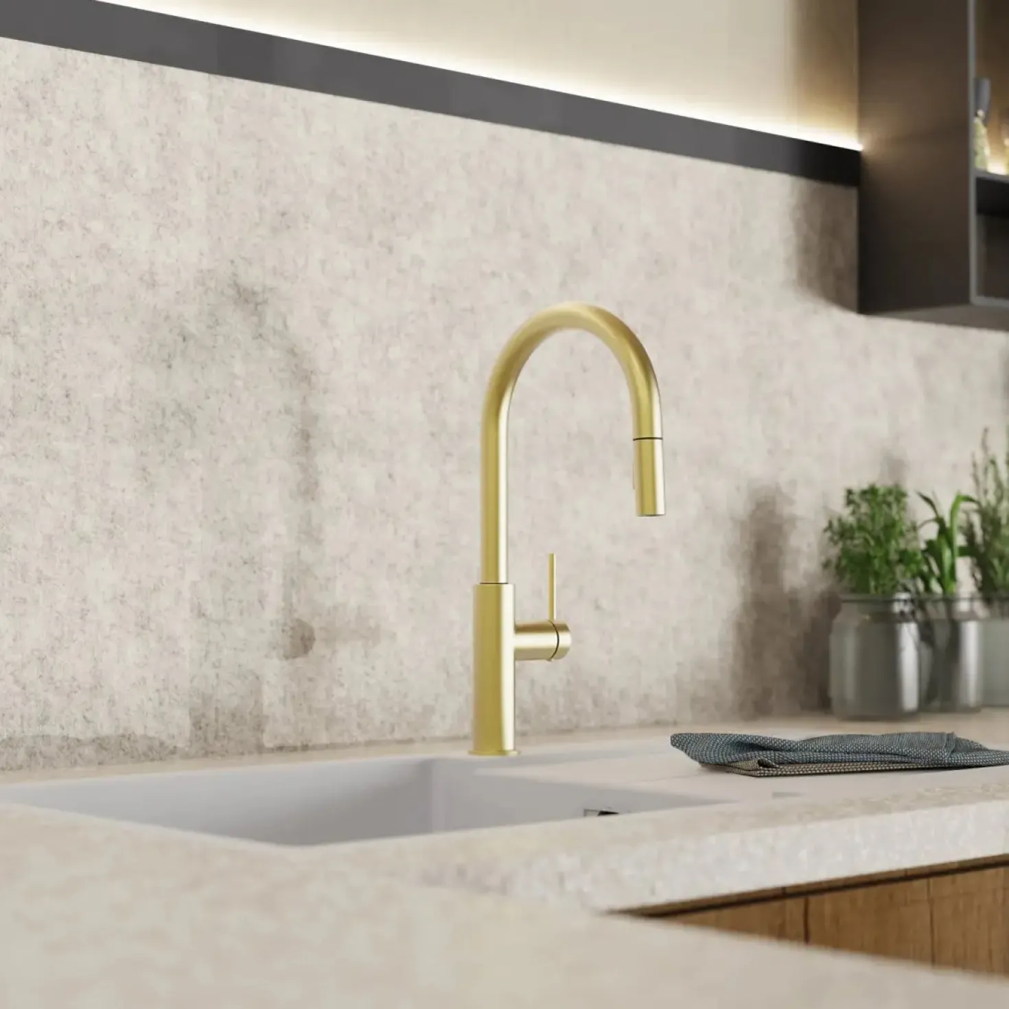 Wasserwerk Kitchen Faucet with Arch Pull-Down Spout in Brushed Gold