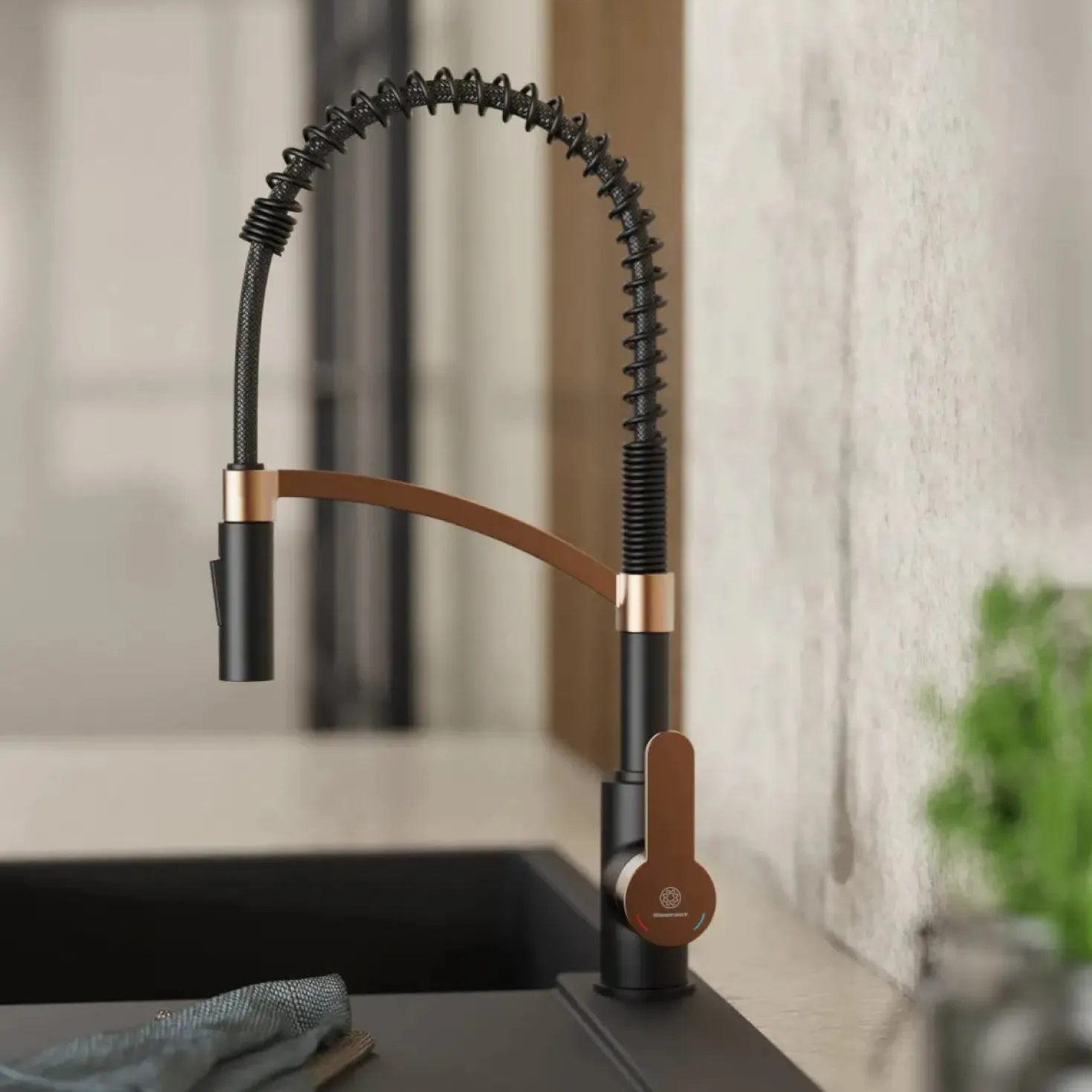 Wasserwerk Single Hole Pull Down Kitchen Faucet | Matte Black & Rose Gold