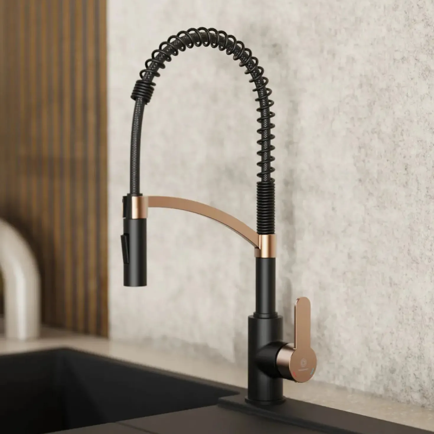 Wasserwerk Single Hole Pull Down Kitchen Faucet | Matte Black & Rose Gold