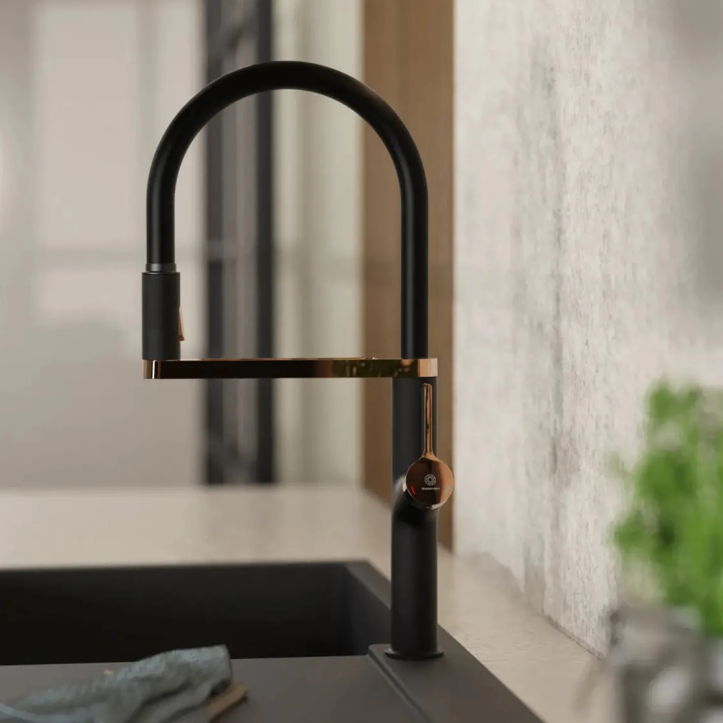 Wasserwerk Single Hole Pull Down Kitchen Faucet | Matte Black & Rose Gold